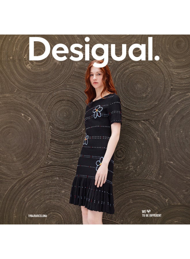 DESIGUAL waist-cinching Slim-fit Stretch Striped Embroidered Round-neck Knit Short-sleeve Dress - Image 5
