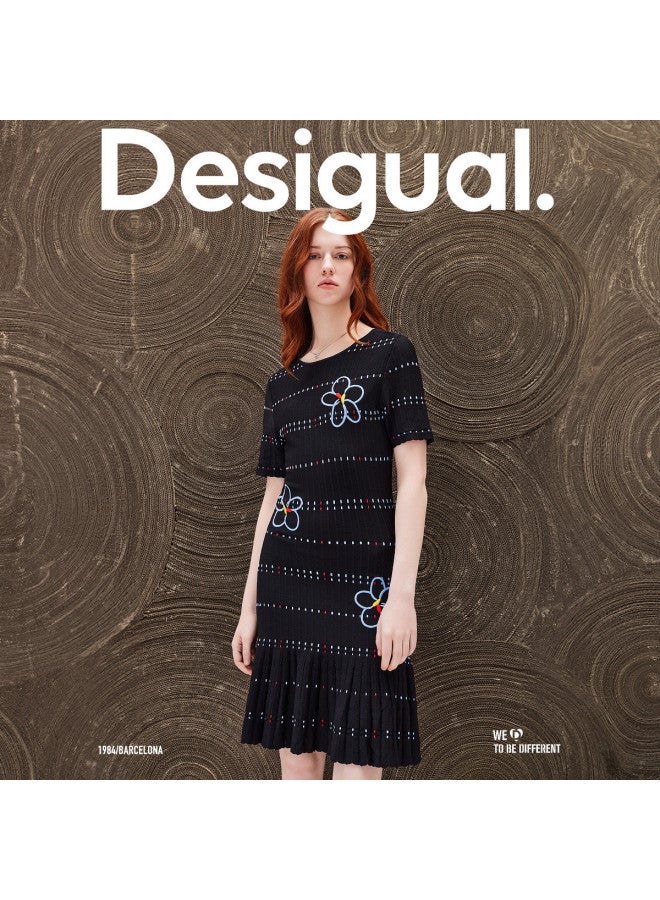 DESIGUAL waist-cinching Slim-fit Stretch Striped Embroidered Round-neck Knit Short-sleeve Dress - Image 2