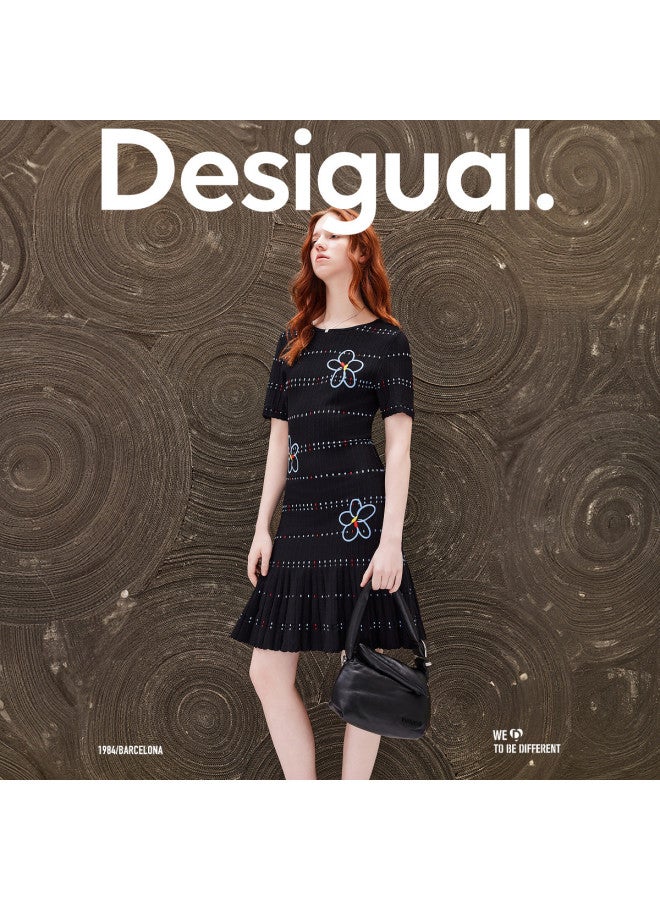 DESIGUAL waist-cinching Slim-fit Stretch Striped Embroidered Round-neck Knit Short-sleeve Dress - Image 3
