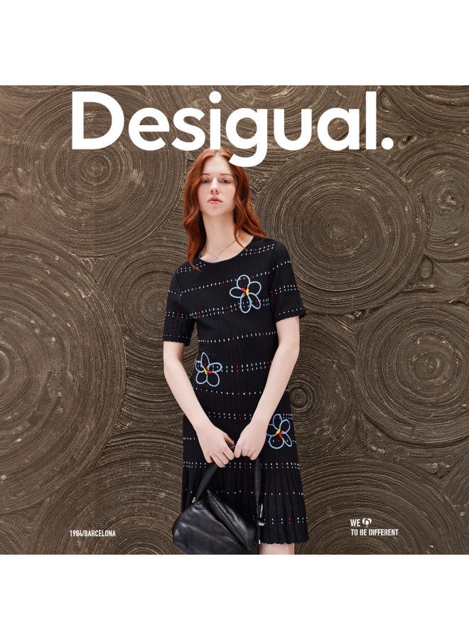 DESIGUAL waist-cinching Slim-fit Stretch Striped Embroidered Round-neck Knit Short-sleeve Dress - Image 4