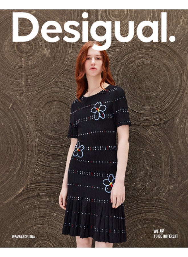DESIGUAL waist-cinching Slim-fit Stretch Striped Embroidered Round-neck Knit Short-sleeve Dress - Image 1