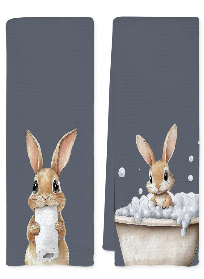 QEJ Funny Easter Bunny Bathroom Decor Hand Towels, Gifts for Bunny Lovers, Cute Easter Rabbit in Bathtub Decorative Hand Towels for Toddler Kids Bathroom Washroom, 16x24 Inch Set of 2(Blue) - Image 1