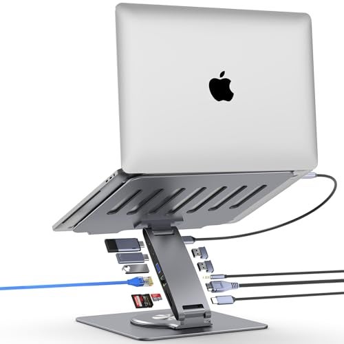 HC Adjustable Laptop Stand for Desk with Docking Station 11-in-1, Aluminum Laptop Riser with USB Hub 360°Swivel Dual Display 4K60Hz HDMI Gigabit Ethernet USB3.0 PD100W for MacBook Pro Air/Dell/HP 7-15.6" - Image 1