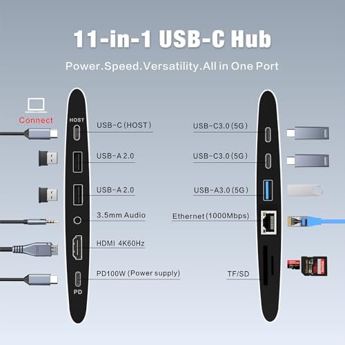 HC Adjustable Laptop Stand for Desk with Docking Station 11-in-1, Aluminum Laptop Riser with USB Hub 360°Swivel Dual Display 4K60Hz HDMI Gigabit Ethernet USB3.0 PD100W for MacBook Pro Air/Dell/HP 7-15.6" - Image 3