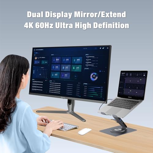 HC Adjustable Laptop Stand for Desk with Docking Station 11-in-1, Aluminum Laptop Riser with USB Hub 360°Swivel Dual Display 4K60Hz HDMI Gigabit Ethernet USB3.0 PD100W for MacBook Pro Air/Dell/HP 7-15.6" - Image 5