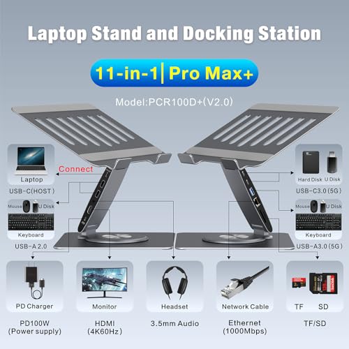 HC Adjustable Laptop Stand for Desk with Docking Station 11-in-1, Aluminum Laptop Riser with USB Hub 360°Swivel Dual Display 4K60Hz HDMI Gigabit Ethernet USB3.0 PD100W for MacBook Pro Air/Dell/HP 7-15.6" - Image 4