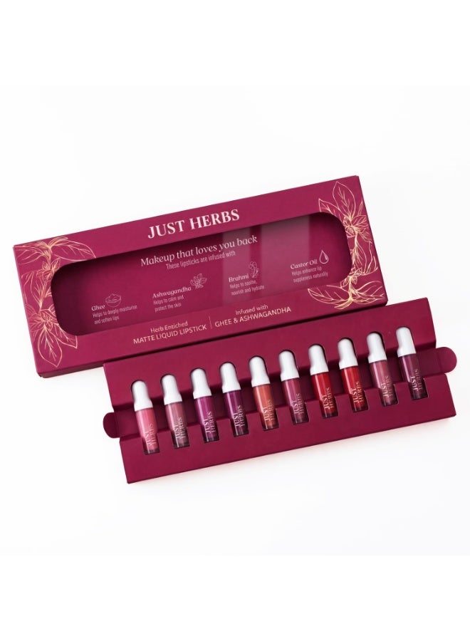Just Herbs Herb‑Enriched Matte Liquid Lipstick Set of 10 | Long‑Lasting, Non‑Drying, Transfer‑Resistant | Infused with Ghee, Ashwagandha & Brahmi - Image 1