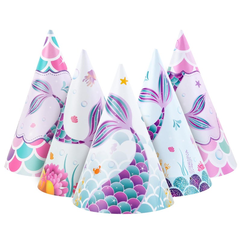 WERNNSAI Mermaid Party Hats 12 Pcs Colorful Coated Paper Headwear with Elastic Closure for Girls Kids Princess Dress up Theme Party Decorations 47 x 67 - Image 2