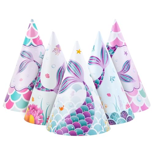 WERNNSAI Mermaid Party Hats 12 Pcs Colorful Coated Paper Headwear with Elastic Closure for Girls Kids Princess Dress up Theme Party Decorations 47 x 67 - Image 1
