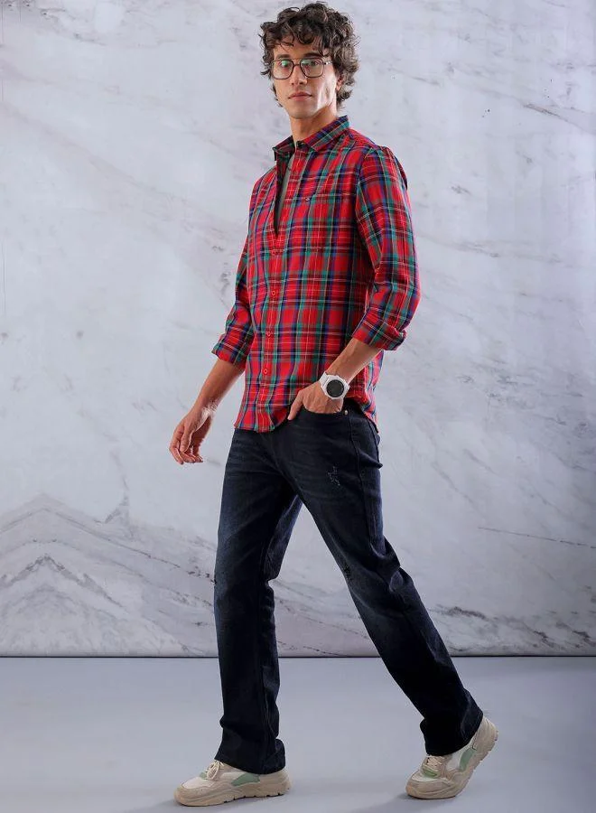 The Indian Garage Co Men Slim Fit Checkered Full Sleeves Cutaway Collar Casual Shirt