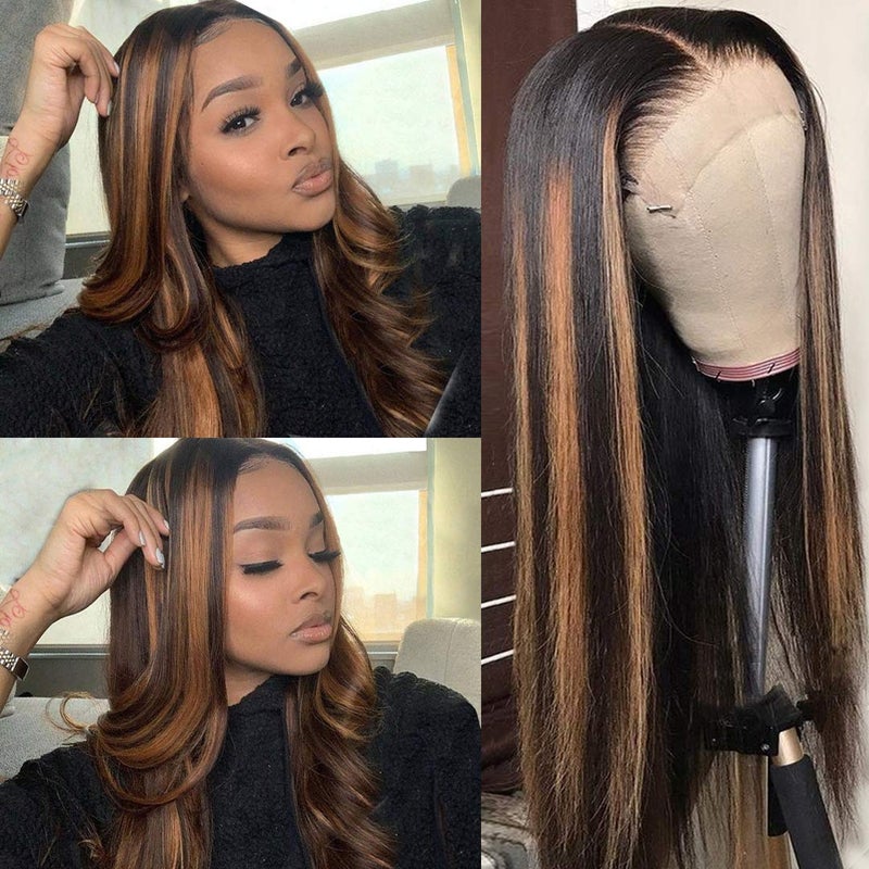 Ombre Blonde Human Hair Wig 13x4 HD Transparent Lace Front Black to Brown Blonde Human Hair Highlights 20 for Women Pre Plucked Ombre Honey Blonde Wig with Black Roots Pre Plucked Wigs 150 Density