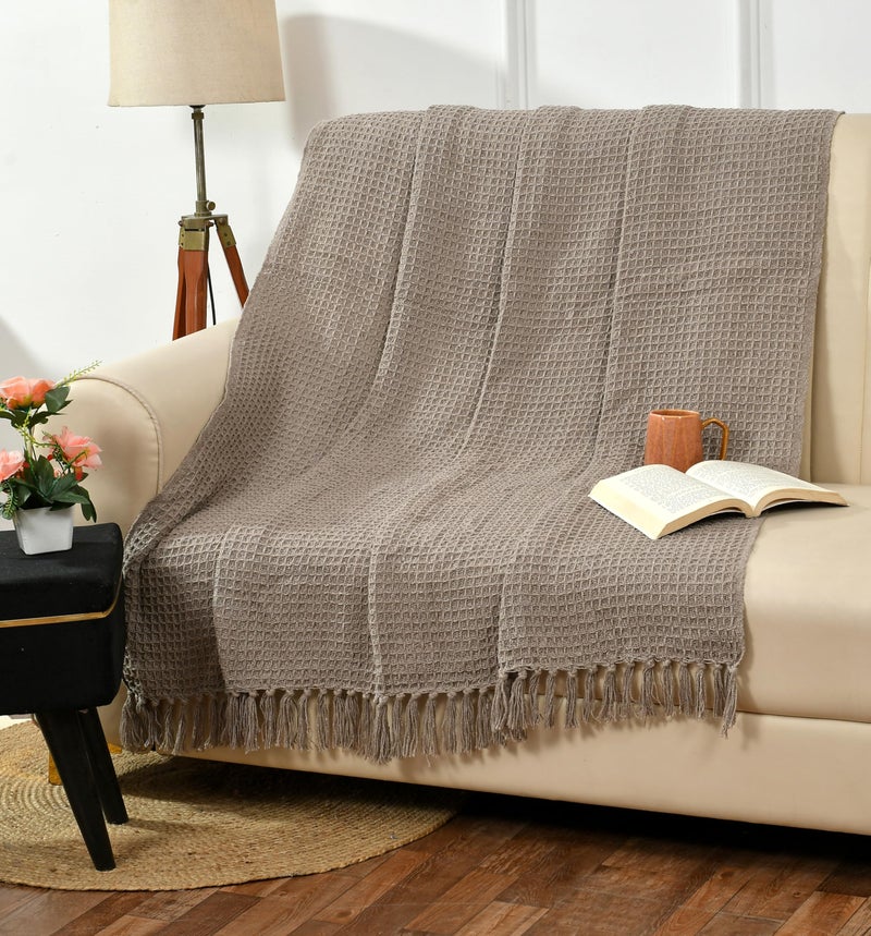 TIB ® Cotton Throw Blanket, 127x152 cm, Throws for Sofa and Couch 3 Seater TC - 120 with Fringes, (Beige) - Image 1