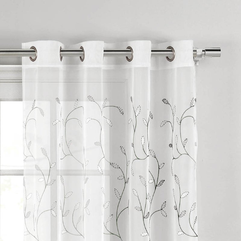 Creative Home Ideas Wavy Leaves, Embroidered Sheer Curtains, Includes 1 Leaf Curtain Panel - Window Drapes with Metal Grommets, 54" x 84", Sheer Vine White Curtain with Silver Grey Leaves - Image 3