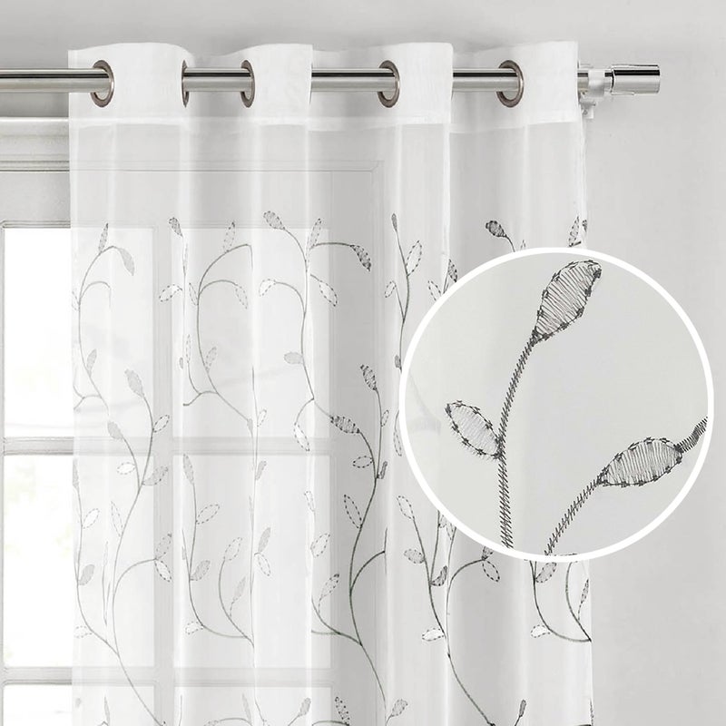 Creative Home Ideas Wavy Leaves, Embroidered Sheer Curtains, Includes 1 Leaf Curtain Panel - Window Drapes with Metal Grommets, 54" x 84", Sheer Vine White Curtain with Silver Grey Leaves - Image 1