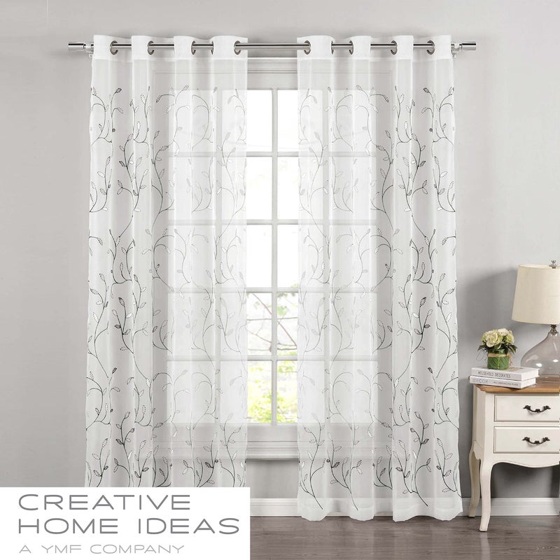 Creative Home Ideas Wavy Leaves, Embroidered Sheer Curtains, Includes 1 Leaf Curtain Panel - Window Drapes with Metal Grommets, 54" x 84", Sheer Vine White Curtain with Silver Grey Leaves - Image 2
