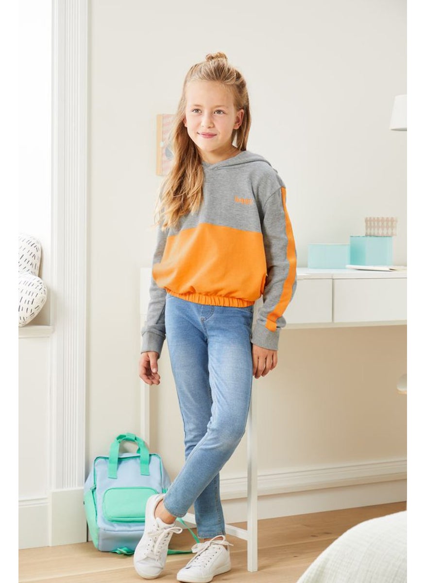 Tchibo Kids Girl Embroidered Hooded Sweatshirt, Grey and Yellow  - Image 1