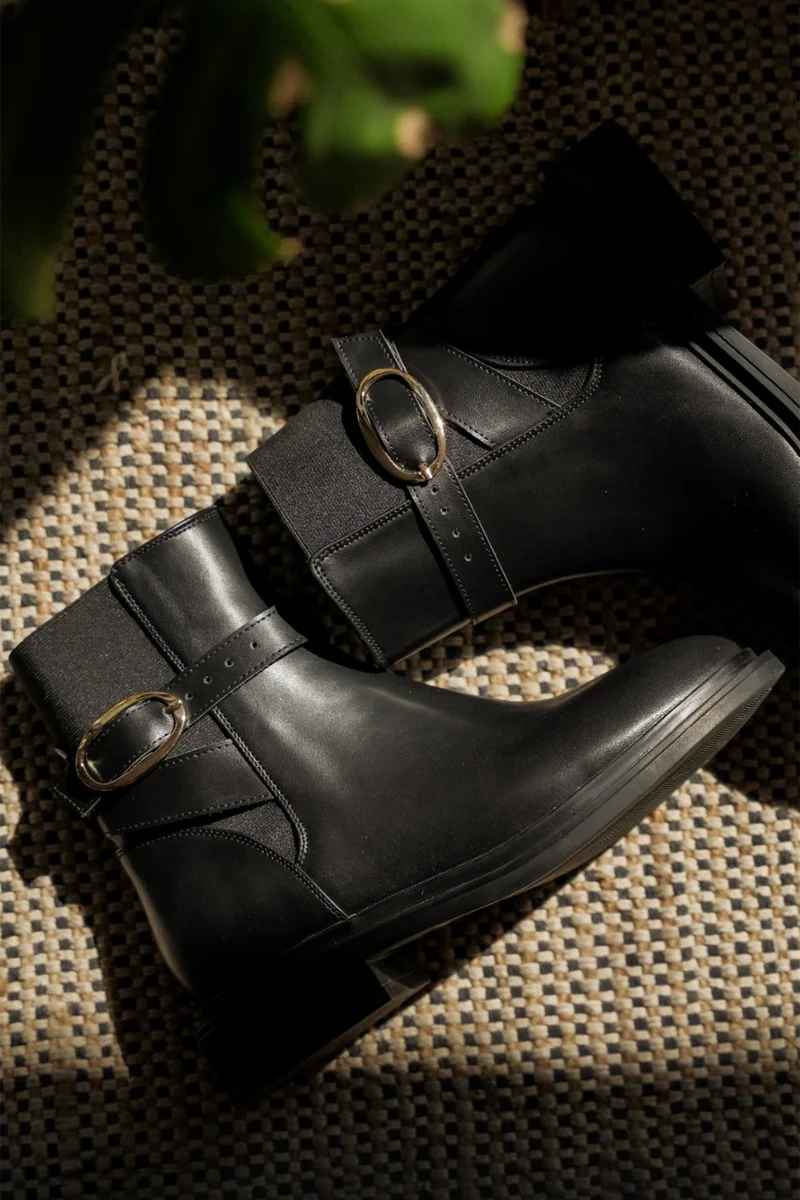 MARJIN Women's Gold Buckle Elastic Casual Boots Rodop