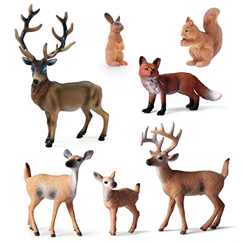 SIENON 7Pcs Forest Animals Figures Toys Miniature Woodland Figurines with Deer Family Elk Fox Rabbit Squirrel for Kids Christmas Birthday Party Gift Cake Decorations Educational Project Diorama - Image 1