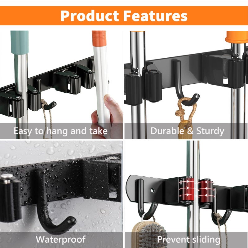 Cuxixa Mop And Broom Holder Wall Mount  Upgraded Broom Organizer Wall Mount  Stainless Steel Broom Hanger Wall Mount For Kitchen Garden Laundry Room Decor (3 Racks With 4 Hooks Black) - Image 2