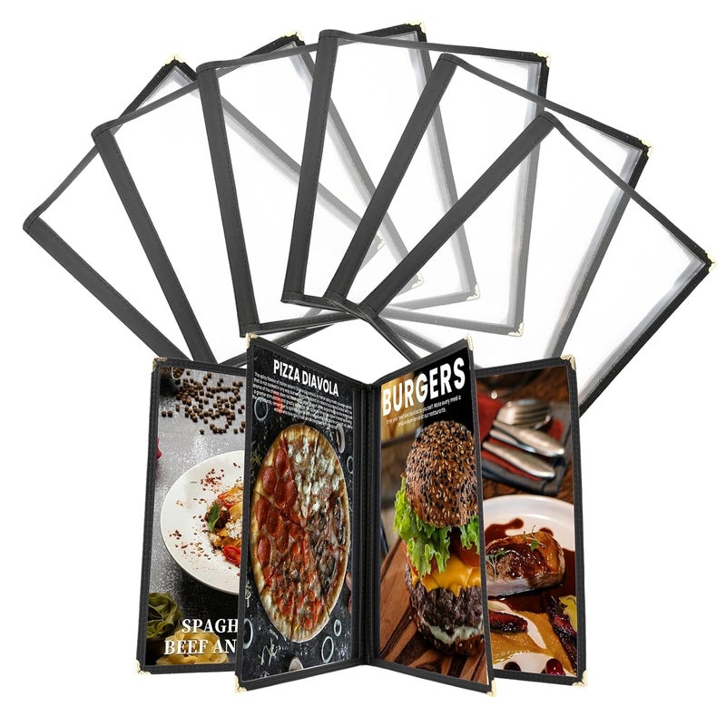 IVWNNN 8.5 x 11 Inch Menu Covers 6 Pack Double Stitched Menu Sleeves 4 Pages / 8Views Menu Holder Crystal Clear Vinyl Protection Easy-Insert Design for Bar Cafe Restaurant Menu Covers - Image 1