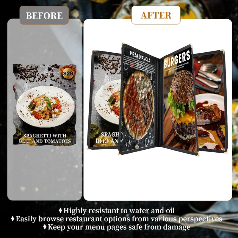 IVWNNN 8.5 x 11 Inch Menu Covers 6 Pack Double Stitched Menu Sleeves 4 Pages / 8Views Menu Holder Crystal Clear Vinyl Protection Easy-Insert Design for Bar Cafe Restaurant Menu Covers - Image 5