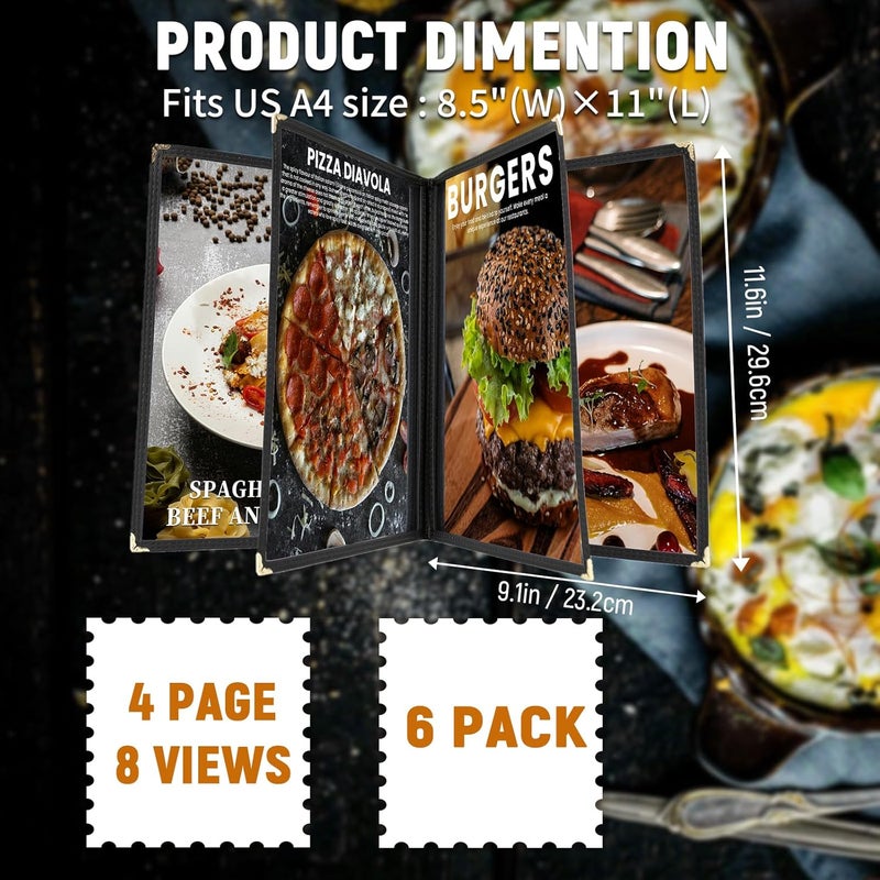 IVWNNN 8.5 x 11 Inch Menu Covers 6 Pack Double Stitched Menu Sleeves 4 Pages / 8Views Menu Holder Crystal Clear Vinyl Protection Easy-Insert Design for Bar Cafe Restaurant Menu Covers - Image 2