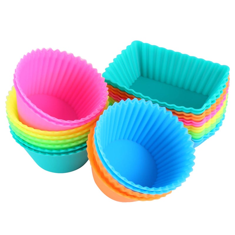 IPOW 24 Pack Silicone Cupcake Baking Cups Reusable Food-Grade BPA Free Non-Stick Muffin Liners Molds Sets, 2 Shapes Round Rectangle - Image 1