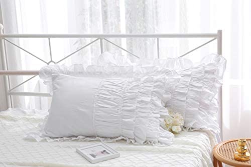 Meaning4 White Shabby Chic Pillow Shams Pillowcases with Ruffles Queen Size Cotton Pillow Covers 20""X30"" 2pcs French Country Boudoir Luxury Princess - Image 2