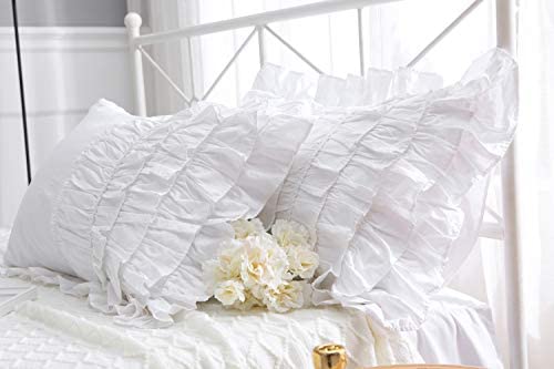 Meaning4 White Shabby Chic Pillow Shams Pillowcases with Ruffles Queen Size Cotton Pillow Covers 20""X30"" 2pcs French Country Boudoir Luxury Princess - Image 1