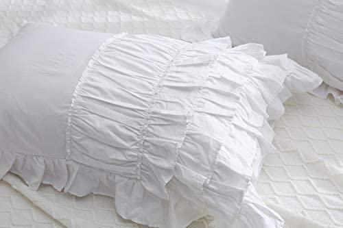 Meaning4 White Shabby Chic Pillow Shams Pillowcases with Ruffles Queen Size Cotton Pillow Covers 20""X30"" 2pcs French Country Boudoir Luxury Princess - Image 4