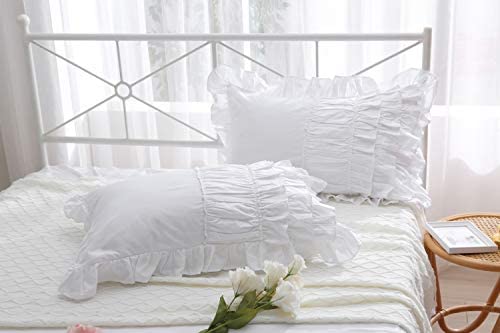 Meaning4 White Shabby Chic Pillow Shams Pillowcases with Ruffles Queen Size Cotton Pillow Covers 20""X30"" 2pcs French Country Boudoir Luxury Princess - Image 3