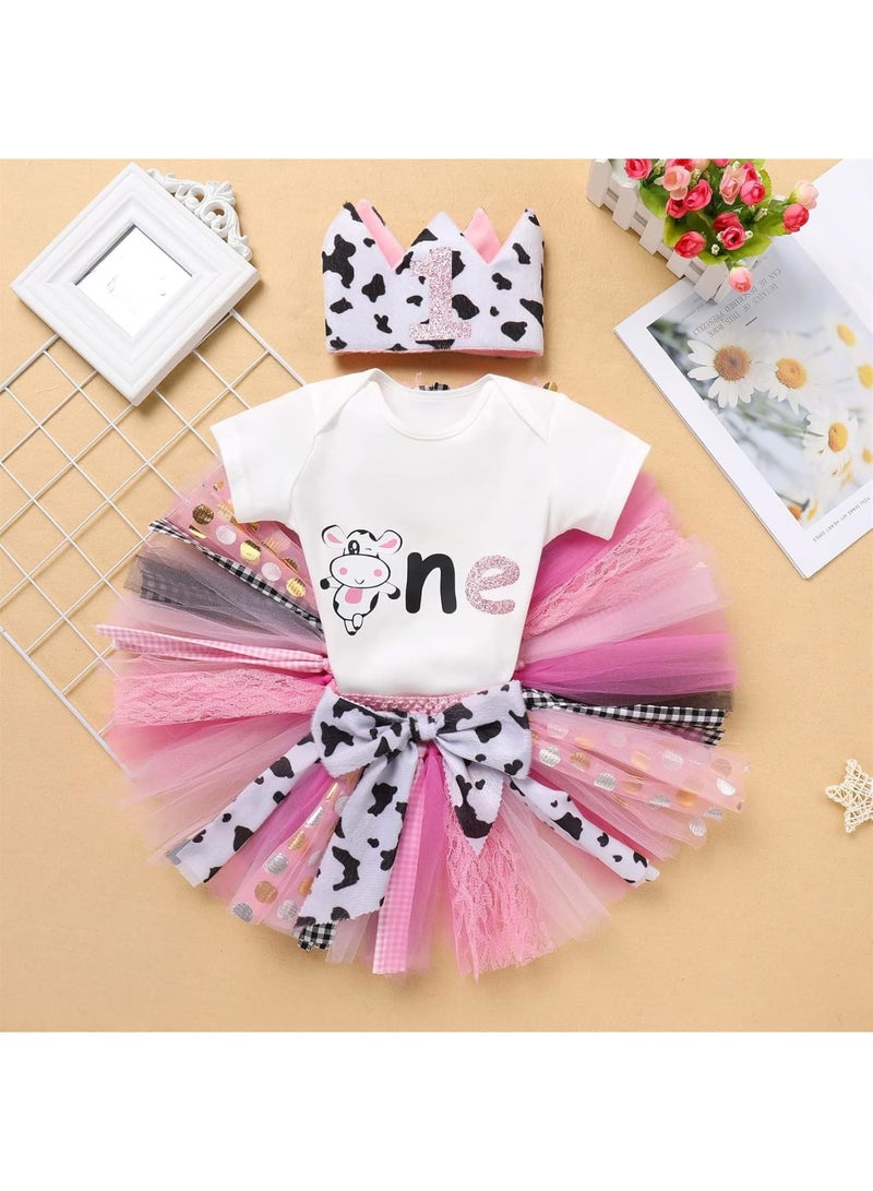 SOLARAE Baby Girl Birthday Outfit Romper, 3Pcs Farm Cow Giraffe Party Outfit, Include 1st Birthday Princess Romper, Tutu Skirt Set, Crown Headband, Fit for Cake Smash Photo Shoot, 6-9 Months - Image 2