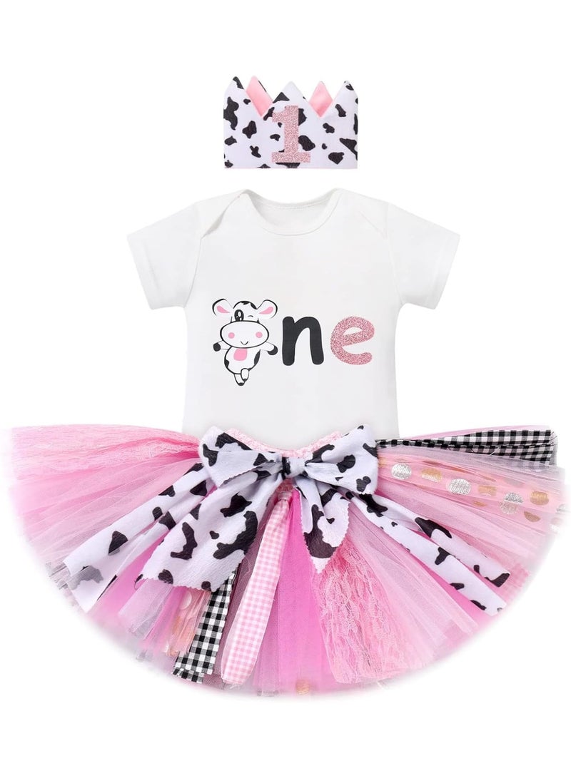 SOLARAE Baby Girl Birthday Outfit Romper, 3Pcs Farm Cow Giraffe Party Outfit, Include 1st Birthday Princess Romper, Tutu Skirt Set, Crown Headband, Fit for Cake Smash Photo Shoot, 6-9 Months - Image 1