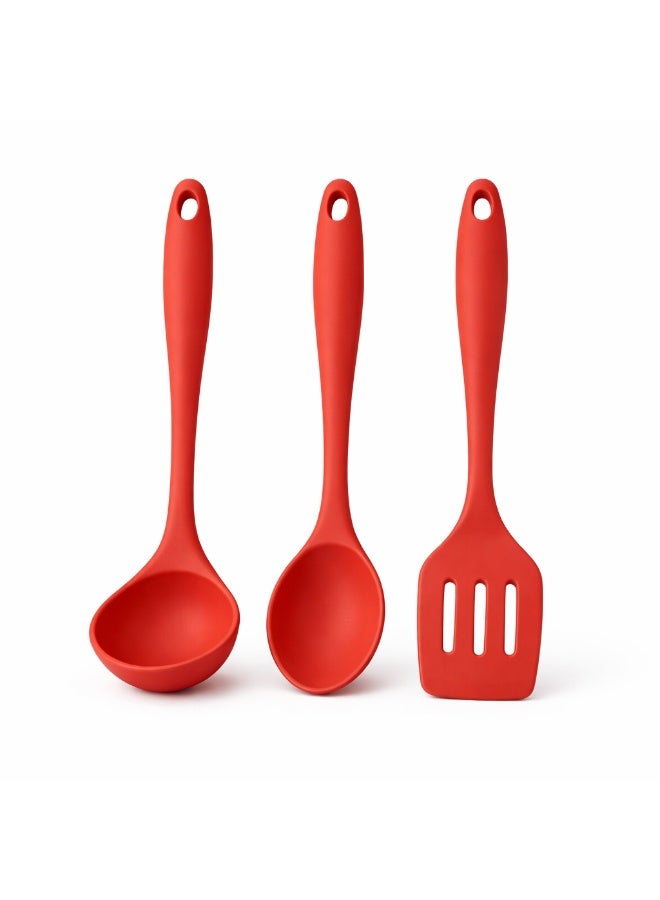 3-Piece Silicone Kitchen Utensil Set for Cooking and Serving, Ladle Spoon and Turner Spatula, Heat Resistant and Easy to Clean, Safe for Non-Stick Cookware -Red - Image 1