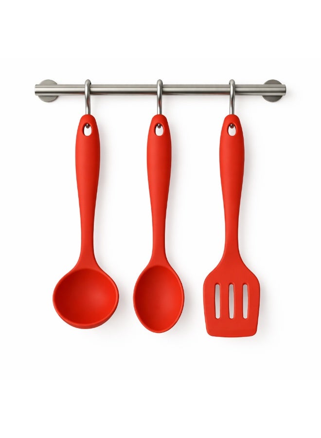 3-Piece Silicone Kitchen Utensil Set for Cooking and Serving, Ladle Spoon and Turner Spatula, Heat Resistant and Easy to Clean, Safe for Non-Stick Cookware -Red - Image 2