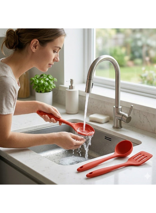 3-Piece Silicone Kitchen Utensil Set for Cooking and Serving, Ladle Spoon and Turner Spatula, Heat Resistant and Easy to Clean, Safe for Non-Stick Cookware -Red - Image 3