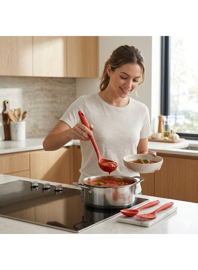 3-Piece Silicone Kitchen Utensil Set for Cooking and Serving, Ladle Spoon and Turner Spatula, Heat Resistant and Easy to Clean, Safe for Non-Stick Cookware -Red - Image 4