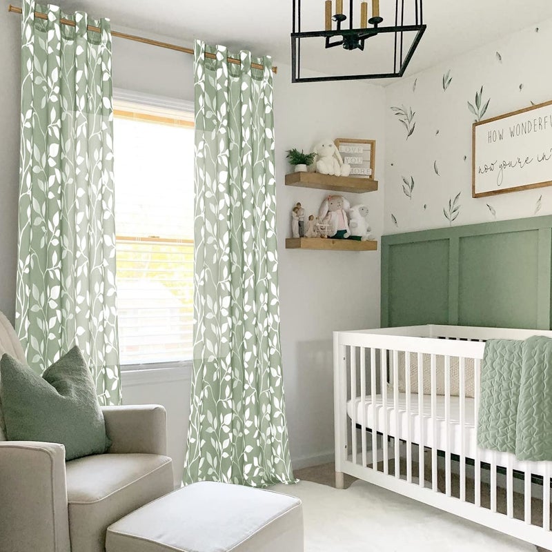 XTMYI Sage Green Leaf Sheer Patterned Curtains, Tree Branch Floral Nature Botanical Curtains for Living Room Bedroom, 84 Inch Long, Cottage Core Boho Farmhouse Window Treatments (2 Panel, Light Green White) - Image 4