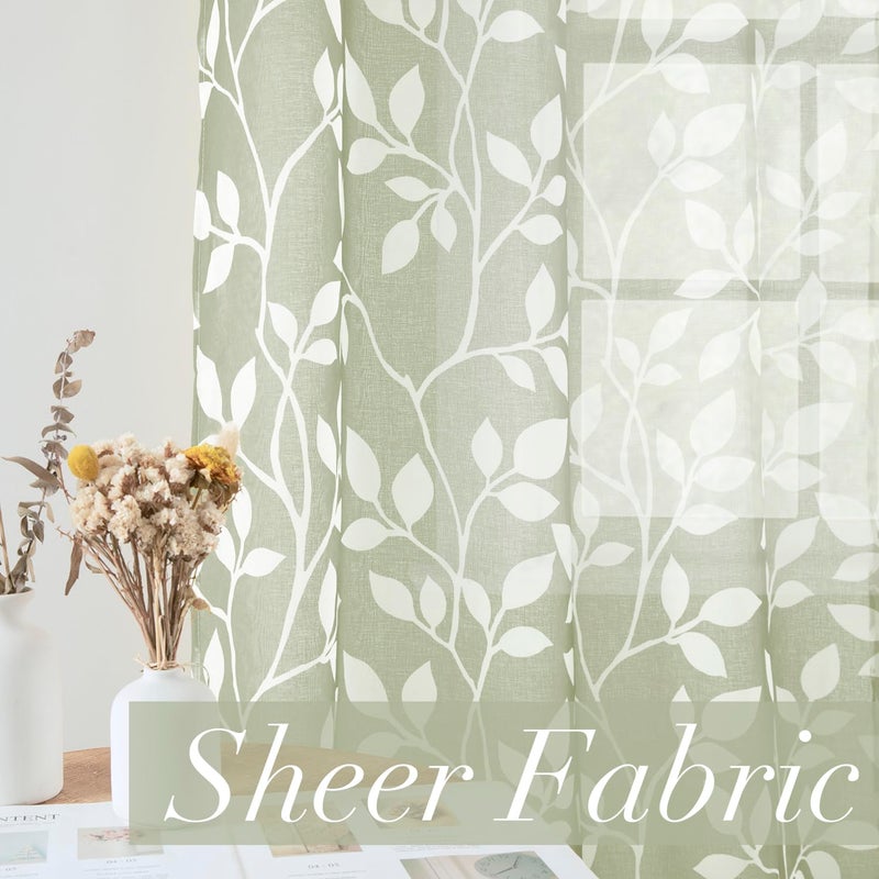 XTMYI Sage Green Leaf Sheer Patterned Curtains, Tree Branch Floral Nature Botanical Curtains for Living Room Bedroom, 84 Inch Long, Cottage Core Boho Farmhouse Window Treatments (2 Panel, Light Green White) - Image 3