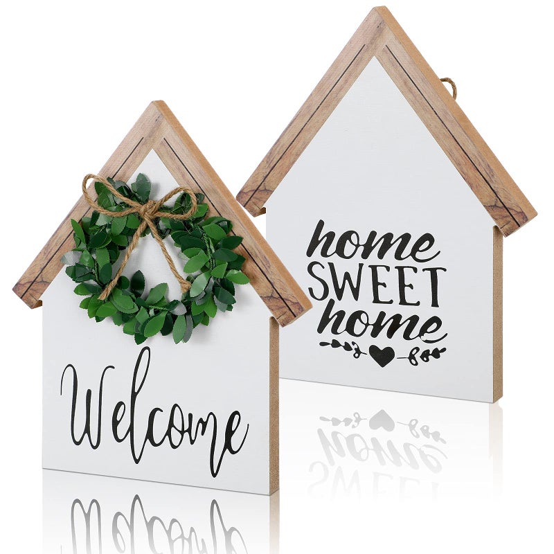 Jetec 1 Pcs Wooden Home Sign Welcome Home Table Sign Rustic Sweet Farmhouse Decor Double Sided House Shape Wood Block for Tabletop Shelf Desk Tiered Tray Window Wall Room Decor