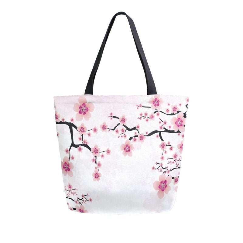 Floral Flower Canvas Tote Bag  Large Womens Casual Shoulder Handbag Japanese Cherry Blossom Reusable Multipurpose Heavy Duty Shopping Grocery Cotton Bag for Outdoors
