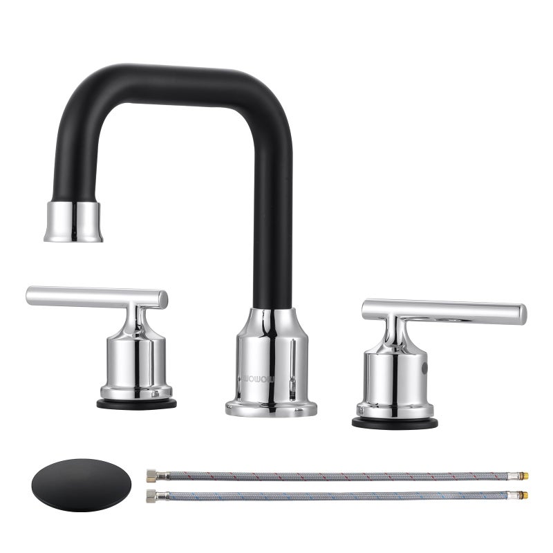 WOWOW Black and Chrome Bathroom Sink Faucet Widespread Bathroom Faucet 3 Hole Vanity Tap 8 Inch Bathroom Tap with Pop Up Drain Assembly cUPC Supply Lines 2 Handle Basin Faucet Modern - Image 2