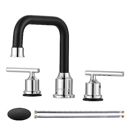 WOWOW Black and Chrome Bathroom Sink Faucet Widespread Bathroom Faucet 3 Hole Vanity Tap 8 Inch Bathroom Tap with Pop Up Drain Assembly cUPC Supply Lines 2 Handle Basin Faucet Modern - Image 1