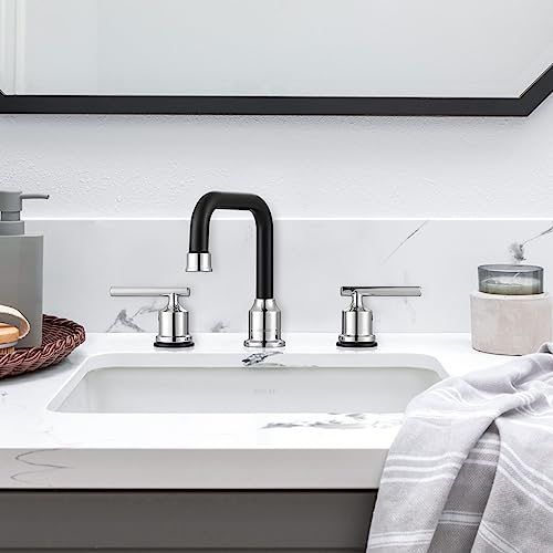 WOWOW Black and Chrome Bathroom Sink Faucet Widespread Bathroom Faucet 3 Hole Vanity Tap 8 Inch Bathroom Tap with Pop Up Drain Assembly cUPC Supply Lines 2 Handle Basin Faucet Modern - Image 3