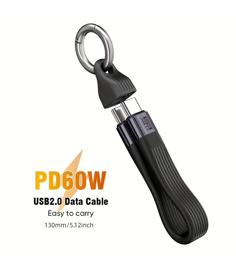 Black 60W Keychain USB C to C Cable Fast Charging Data Sync - Image 2