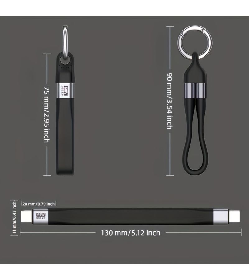 Black 60W Keychain USB C to C Cable Fast Charging Data Sync - Image 3