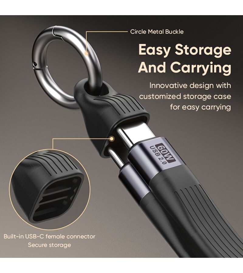 Black 60W Keychain USB C to C Cable Fast Charging Data Sync - Image 5