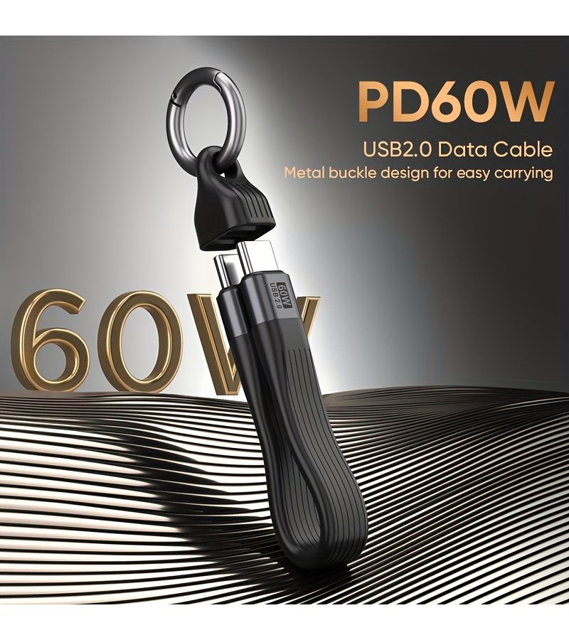 Black 60W Keychain USB C to C Cable Fast Charging Data Sync - Image 1