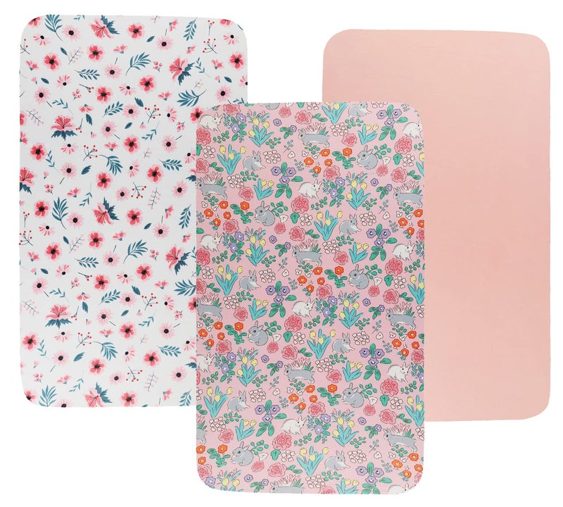 Tontukatu Bassinet Sheet Set 3 Pack (32" x 19") Compatible with Mika Micky, Baby Delight, Dream On Me Bassinet Mattress, Jersey Knit Ultra Soft Flexible for Baby Girls,Floral,Grey Rabbit & Pink - Image 1