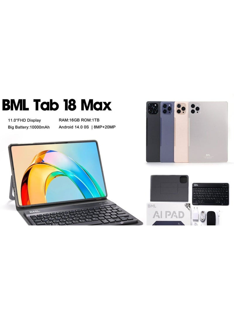 BML Tab 18 Max Tablet with Keyboard 10.1-inch FHD Display, 16GB RAM, 1TB ROM - with Powerful 10,000mAh Battery Gold
